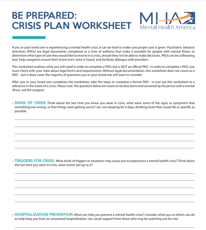 Mental Health Crisis Plan Worksheet