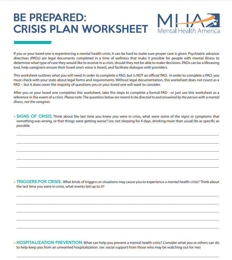 Mental Health Crisis Plan Worksheet Worksheets For Kindergarten