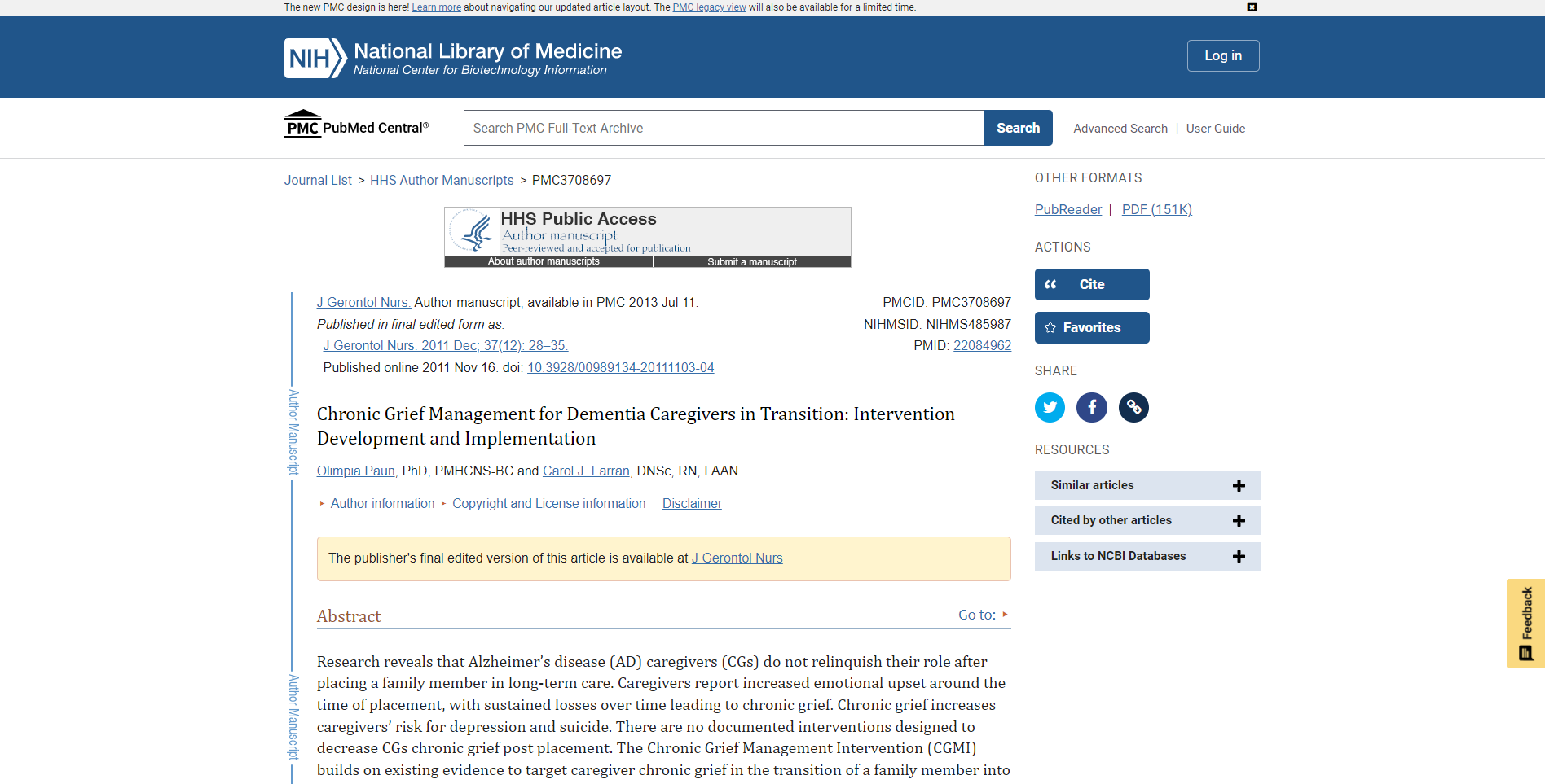 Chronic Grief Management for Dementia Caregivers in Transition: Intervention Development and Implementation