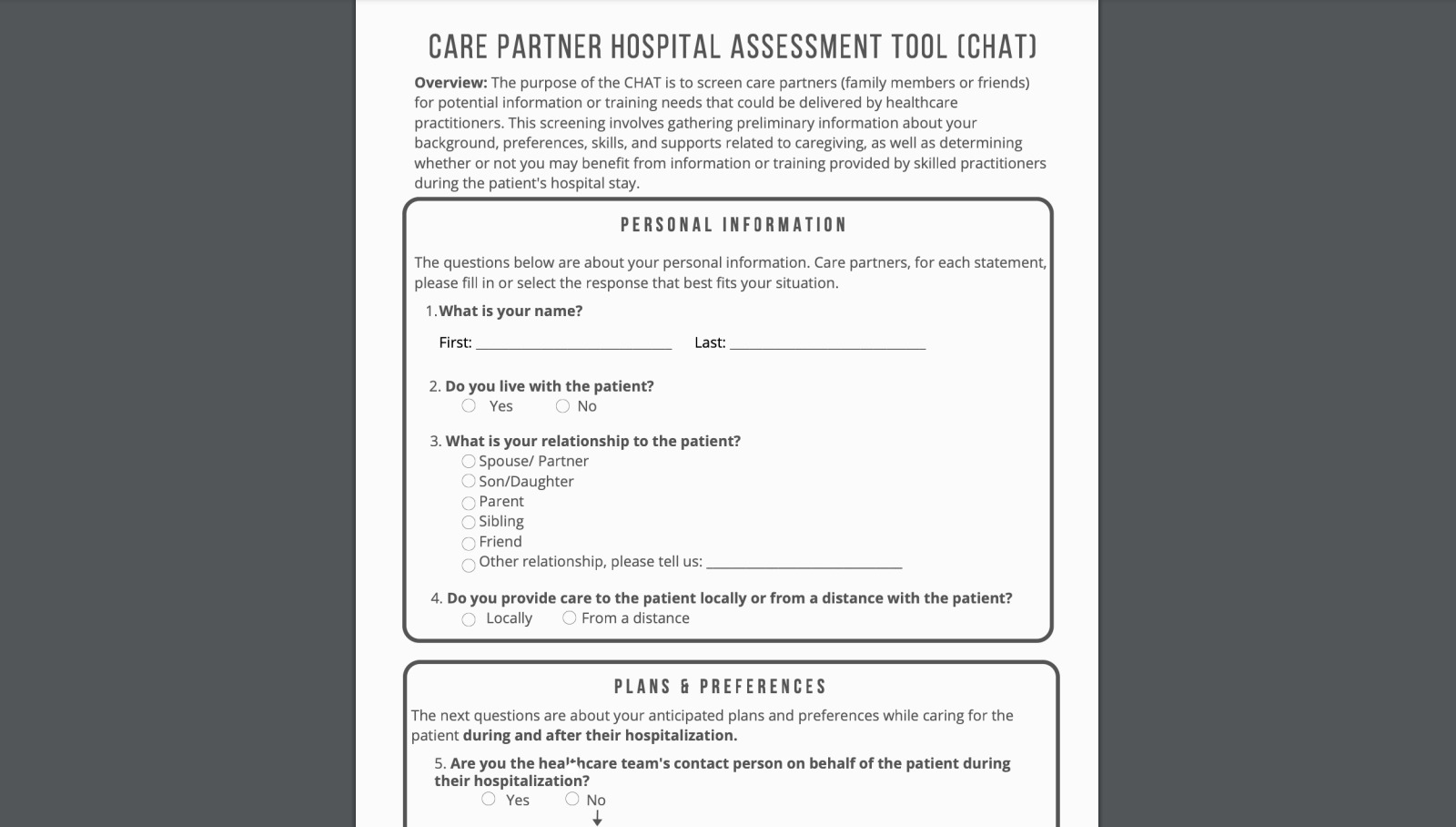 Care Partner Hospital Assessment Tool (Chat)